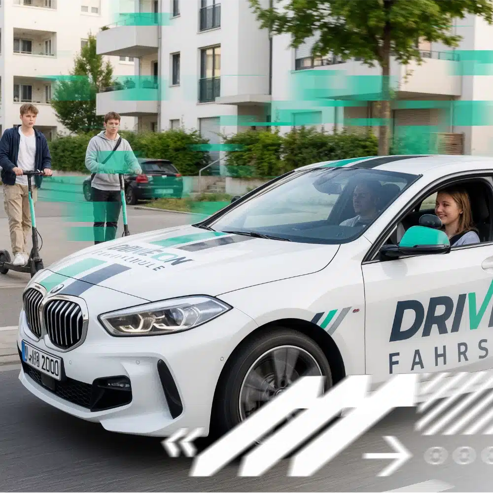 Frau lernt Auto fahren während ihre Freunde E-Scooter fahren