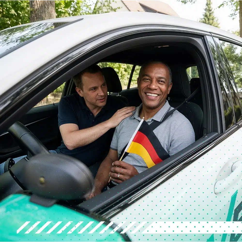 Man sitzt mit Deutschlandfahne im Auto, weil er seinen Führerschein Umschreibt